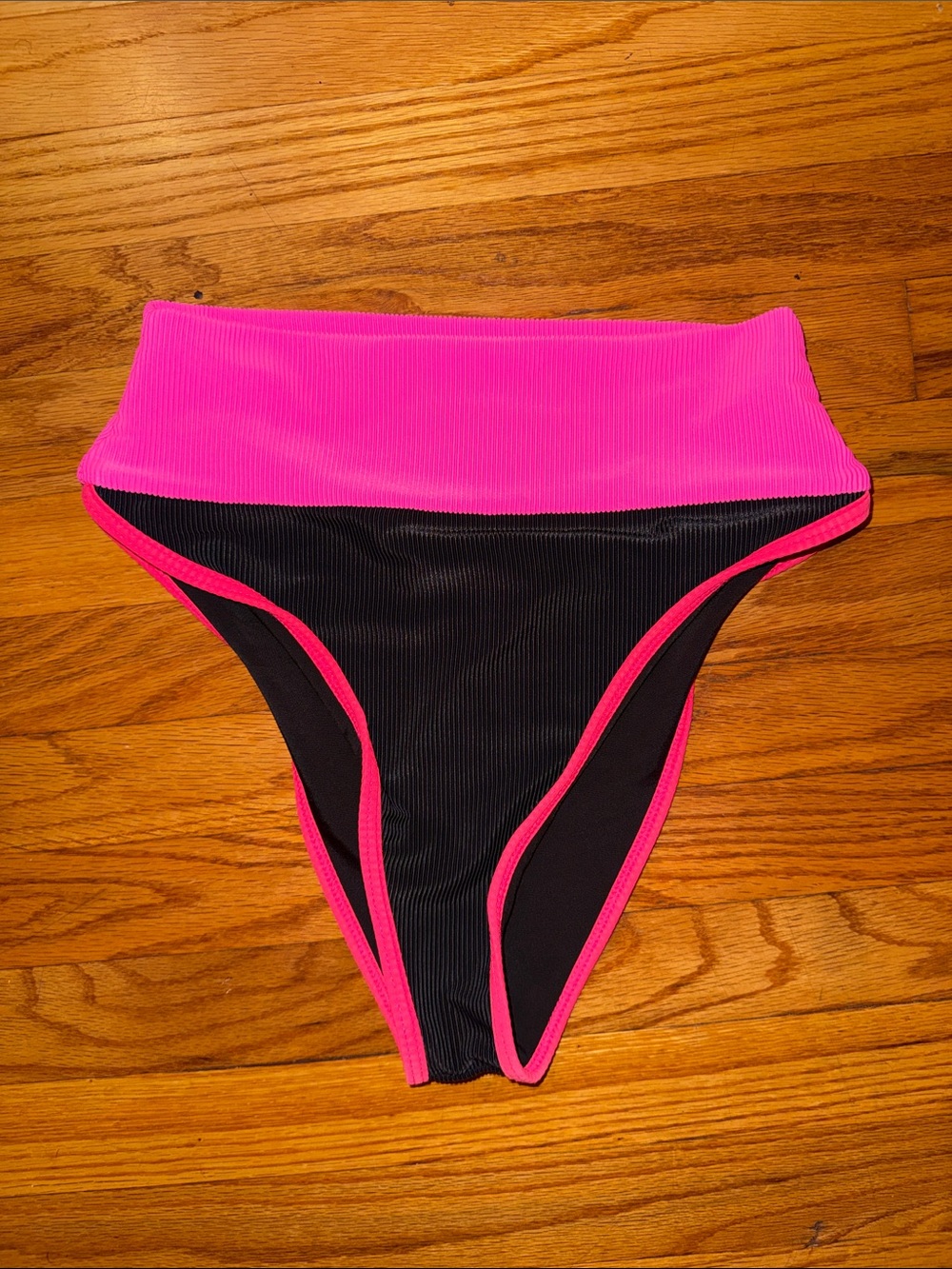 Beach Riot Emmy Color Block Black Bikini Swim with Hot Pink Waistband High Cut